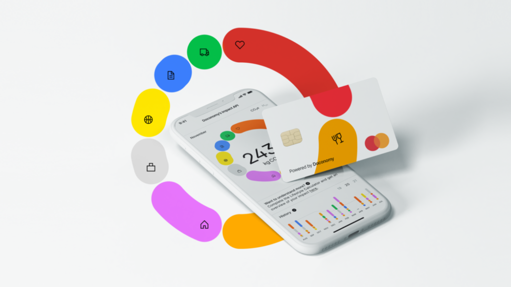 Imagem representando os serviços da empresa Doconomy, com gráficos coloridos, um celular e um cartão de crédito.