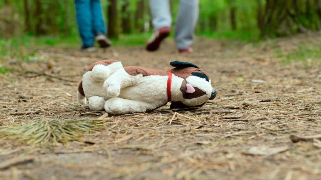 Cachorro de pelúcia caído no chão.